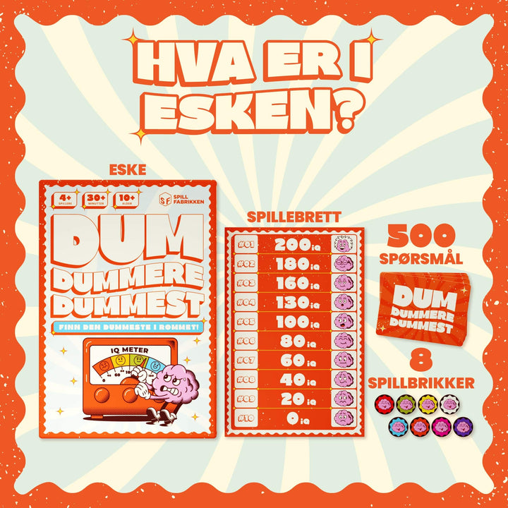 Dum, Dummere, Dummest - hva er i esken, spillbrett og kort